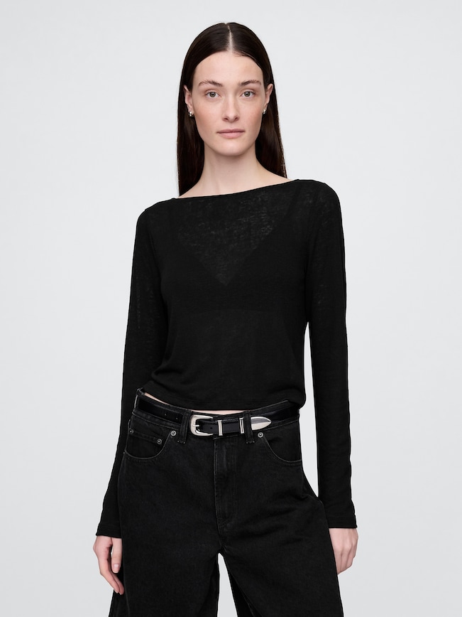Linen-Blend Cropped Boatneck T-Shirt