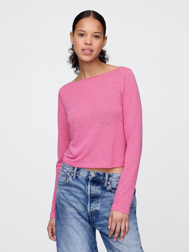 Linen-Blend Cropped Boatneck T-Shirt