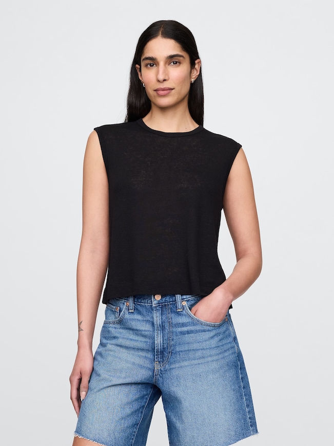 Linen-Blend Crewneck Shell Tank Top