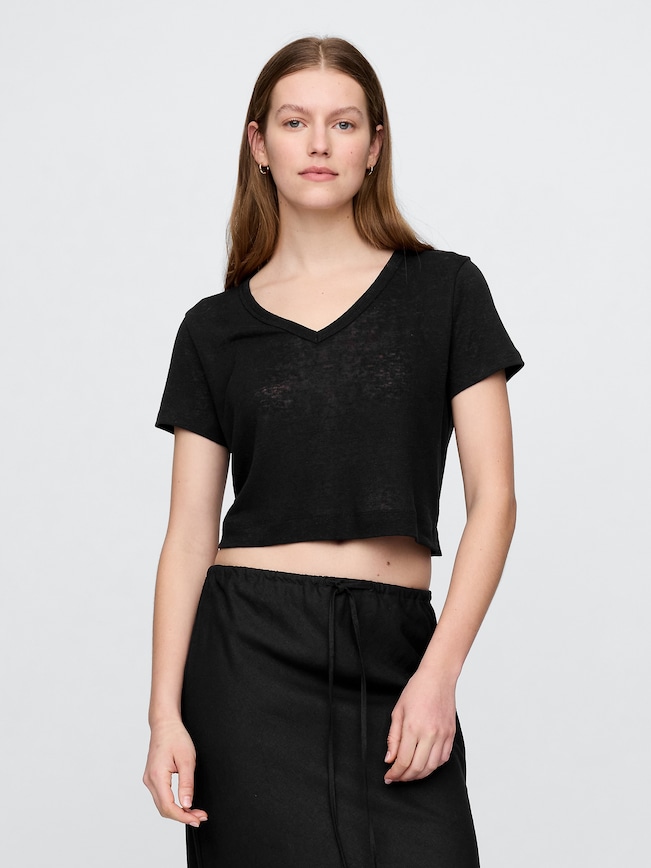 Linen-Blend Cropped V-Neck T-Shirt